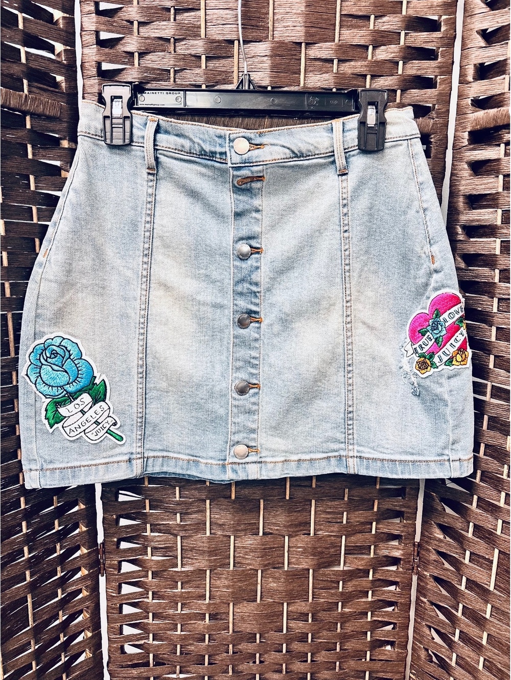 Juicy Couture Light Wash Denim Mini Skirt with Embroidered Patches Size 27